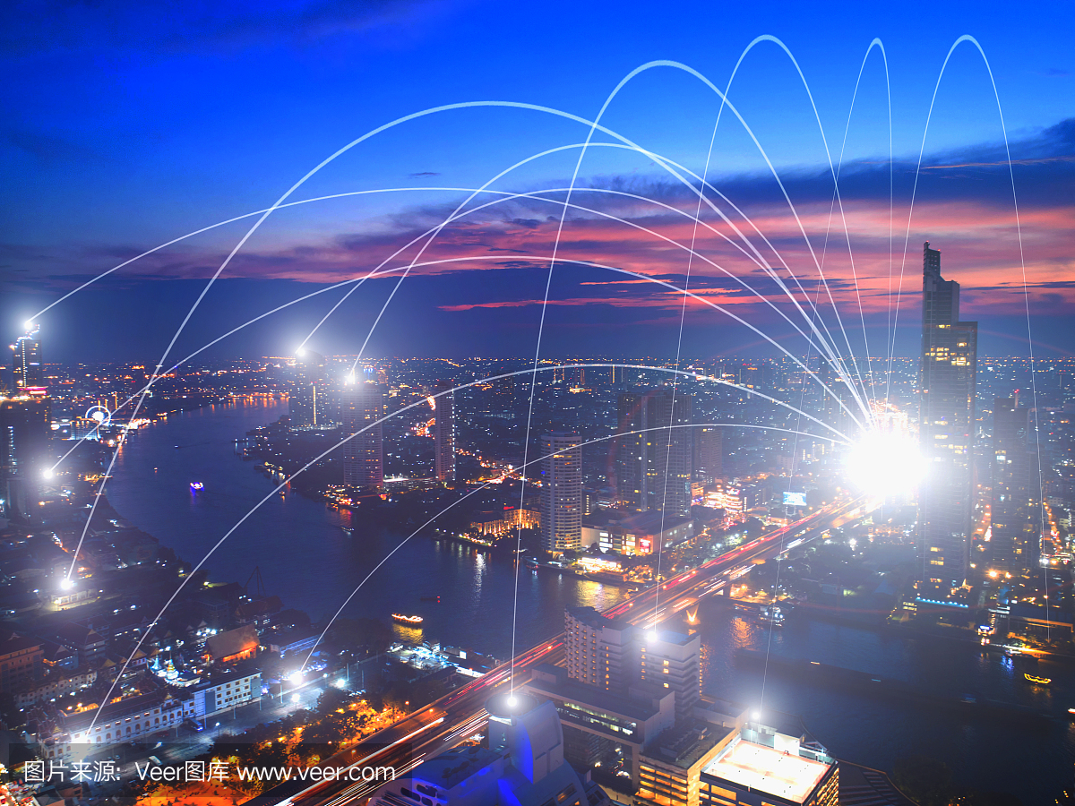 商業網絡連接概念和城市Wi-Fi。技術交流。背景模糊了首都的建筑。